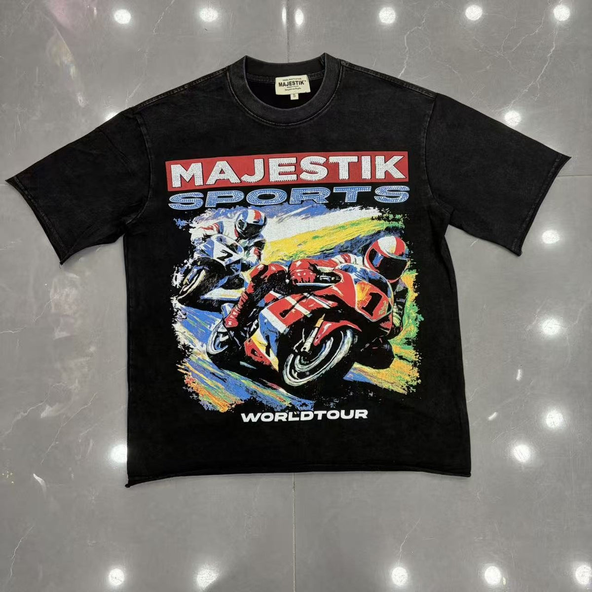 MAJESTIK Washed Black Motorcycle Graphic T-Shirt