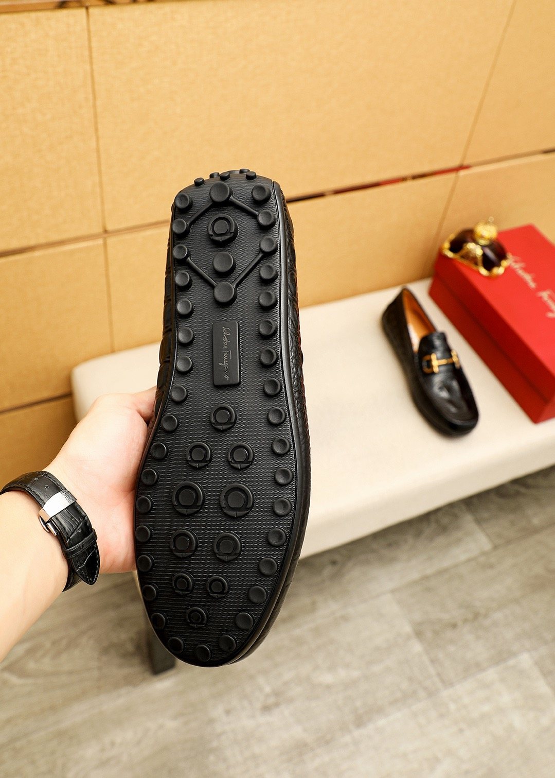 Ferragamo Black Embossed Leather Loafers